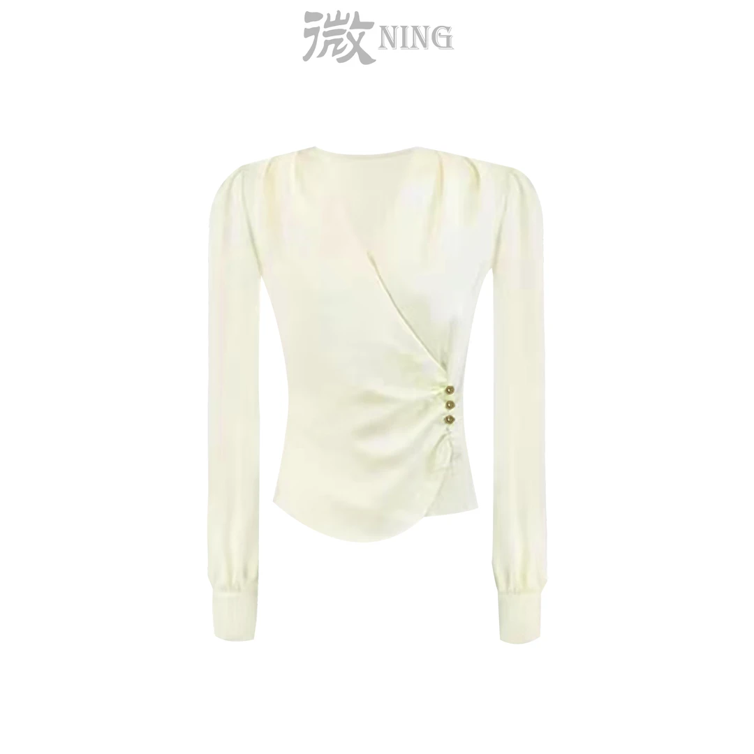 【早春新款】法式V领高级感轻奢缎面长袖衬衫女2025春季新款