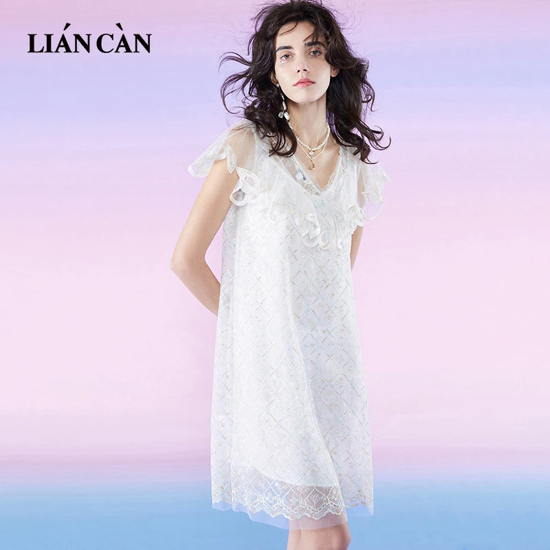 莲灿2025夏季商场同款波西米亚绣花片蕾丝短袖连衣裙71EO220013