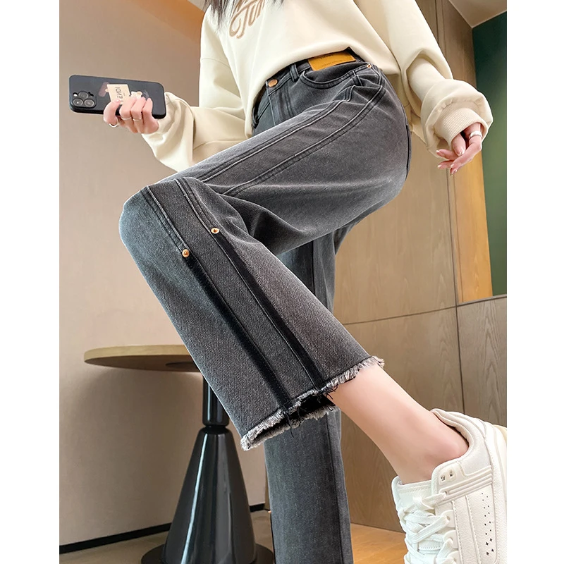 特大码300斤胖mm直筒牛仔裤女新款高腰宽松显瘦九分小个子烟管裤