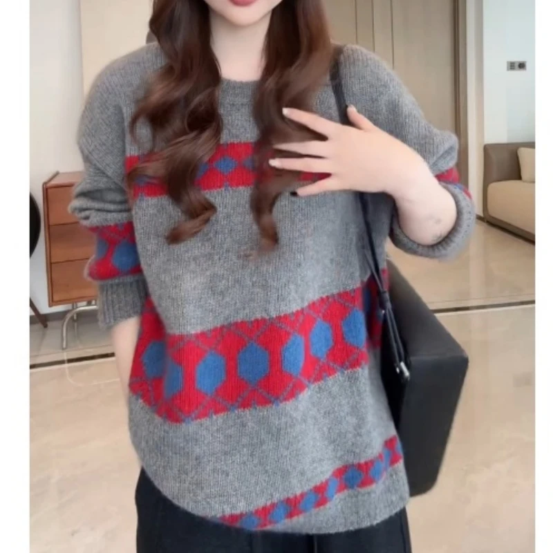 新款复古宽松氛围感慵懒套头针织衫圆领撞色菱格上衣LK2507013