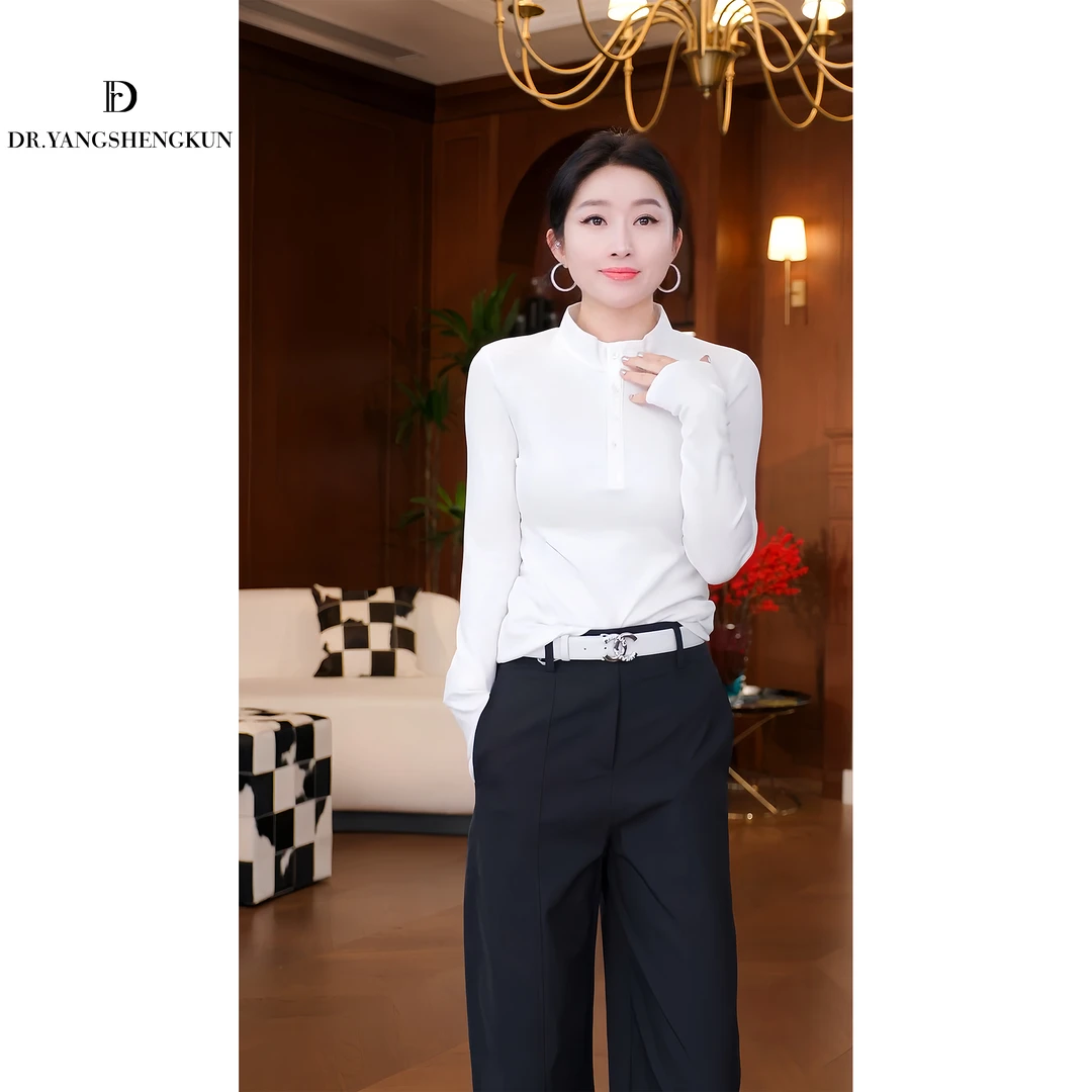 DR杨圣坤2025春季新款立领单排扣修身长袖T恤女【晨露】GF2502-1212