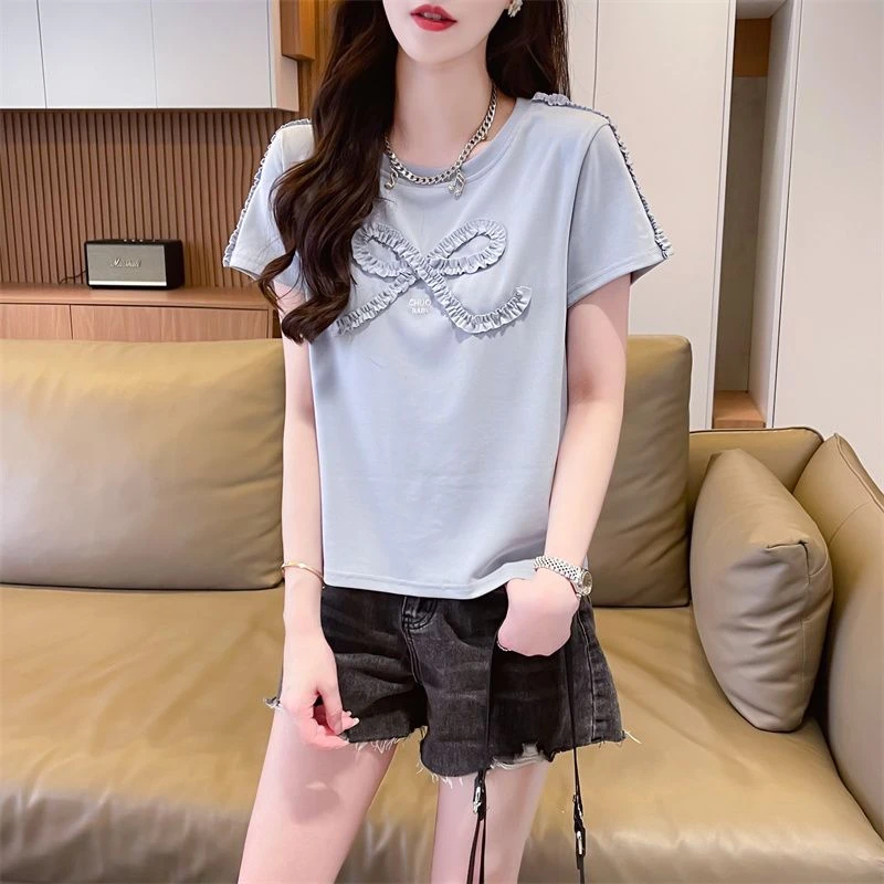 美式潮流捏褶蝴蝶结设计短袖T恤女夏季新款学生宽松显瘦显白上衣