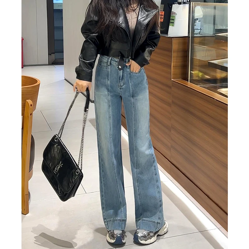 美思源浅色阔腿牛仔裤女2025年春季新品显瘦高腰复古垂感直筒裤子