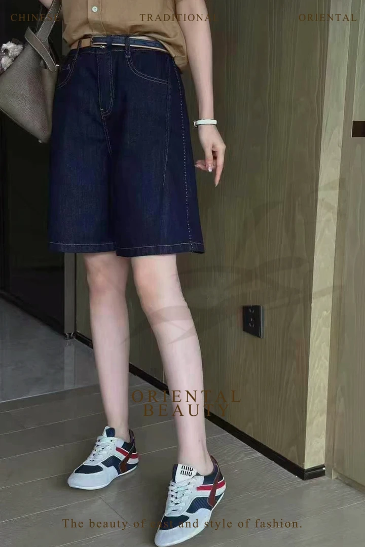 普洗深蓝色高腰五分牛仔 短裤女宽松显瘦休闲A字阔腿