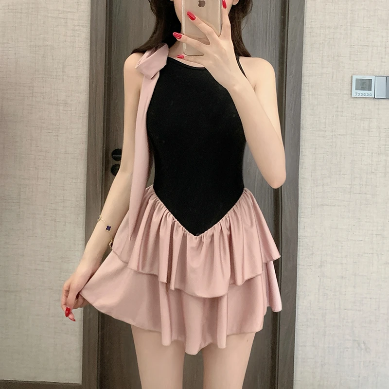 女士无袖吊带连体裙式泳衣高级感小泳衣女装ins风泳装