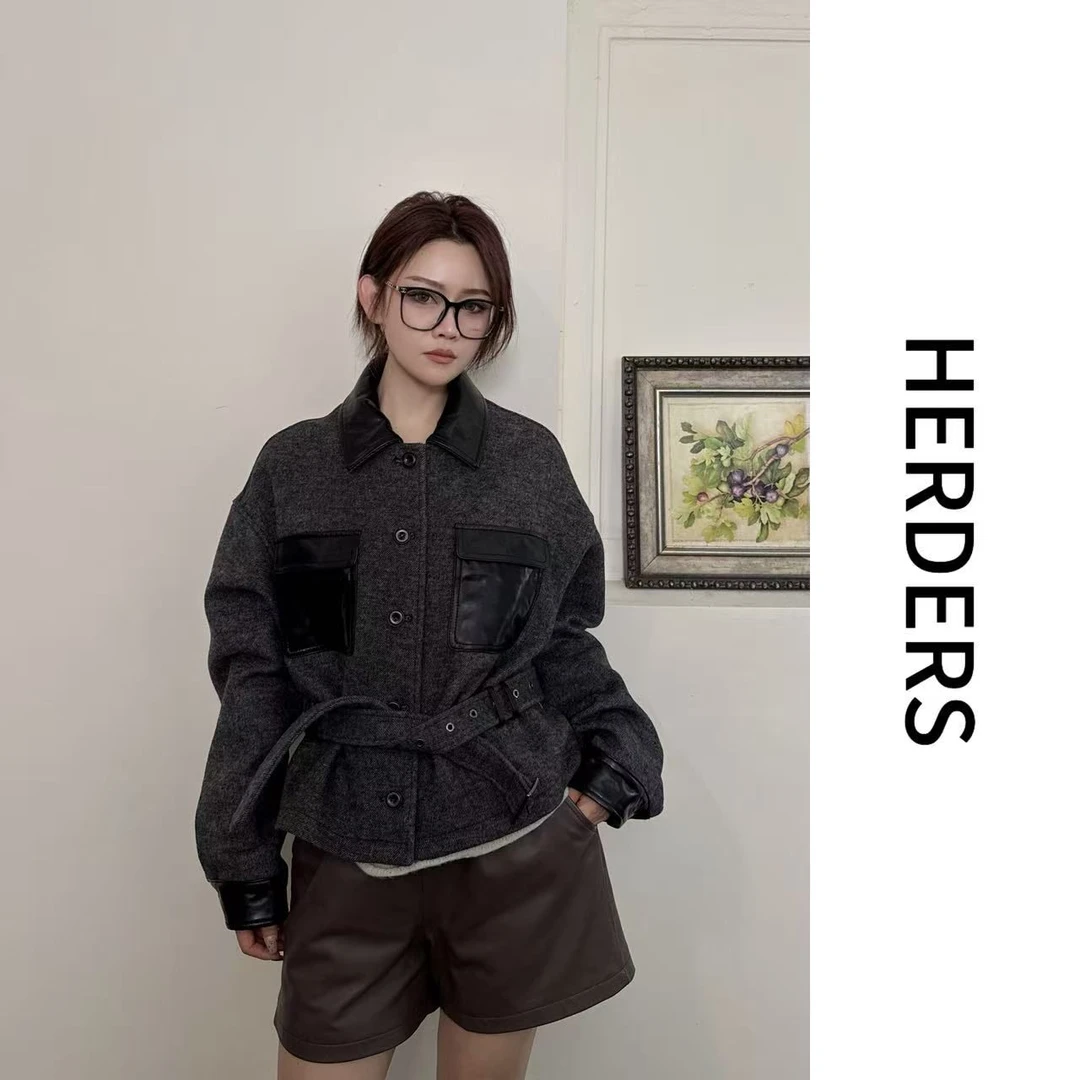 HERDERS 短款小翻领粗纺呢料拼皮外套 50337
