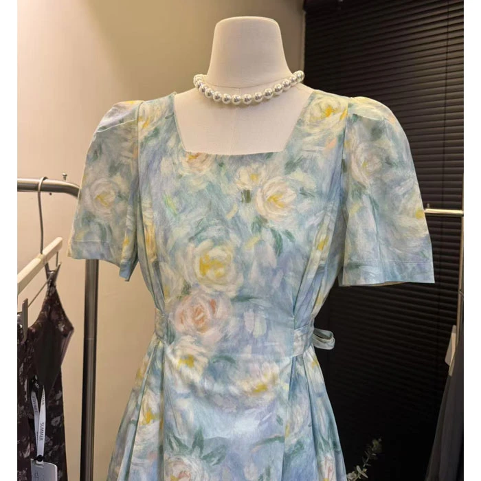 【夏央旗舰店】2025夏季新款全棉%油画晕染连衣气质长裙#2202