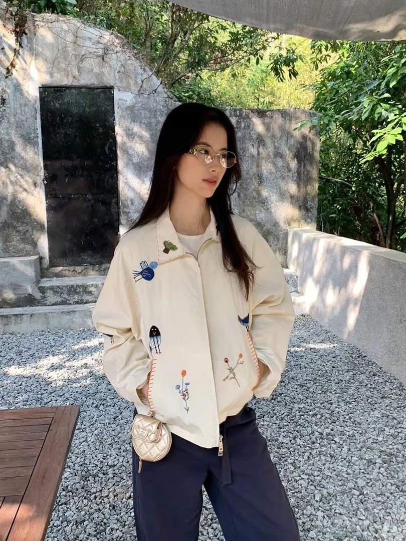 设计感花鸟刺绣夹克外套女美式复古休闲减龄百搭上衣