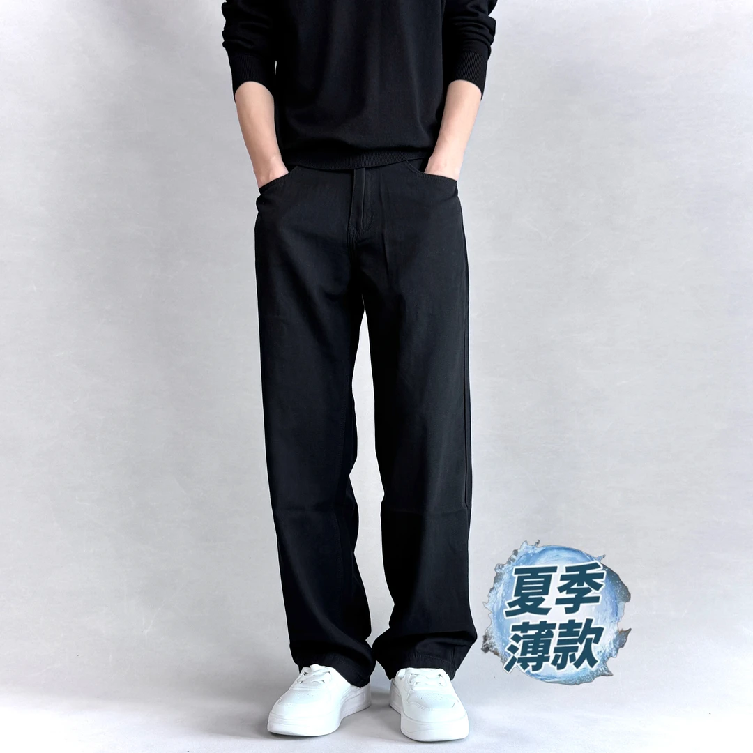 【宽松直筒】夏季超薄款纯棉松紧腰柔软牛仔裤男款休闲百搭纯黑色