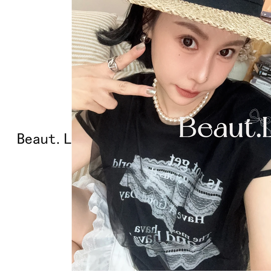 【Beaut.L】纱纱印花花边假两件套 显瘦夏季法式百搭 宽松圆领时尚