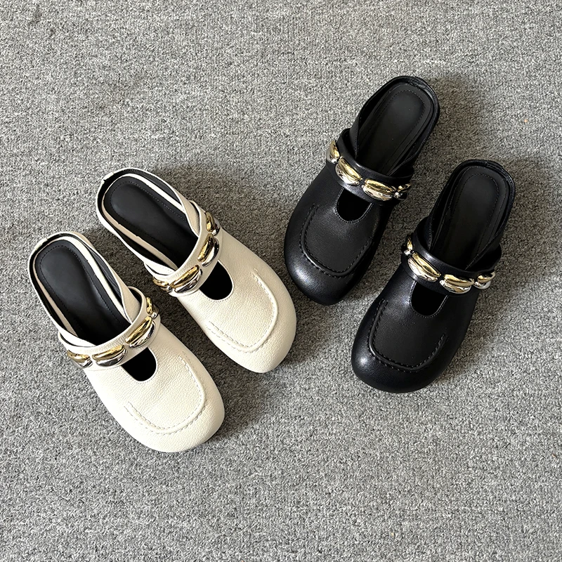 牛皮/34-42码法式复古圆头一字带包头拖鞋女夏季透气真皮凉拖鞋