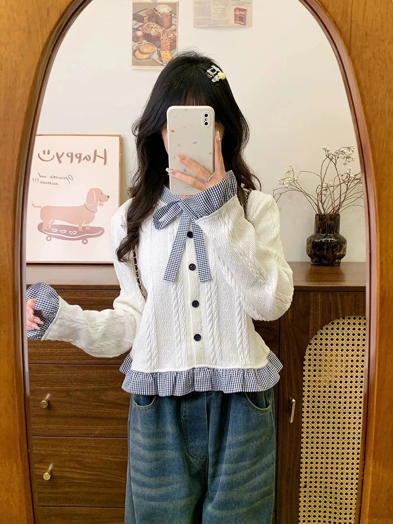 【秀宝女装】韩系假两件格纹拼接长袖针织毛衣XB3963