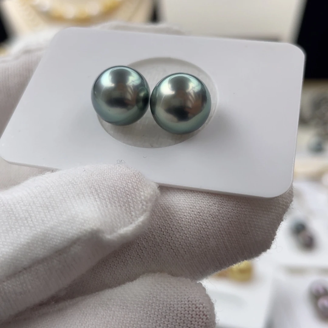 未镶嵌耳饰海水珍珠极光镜面孔雀绿清透绿对珠