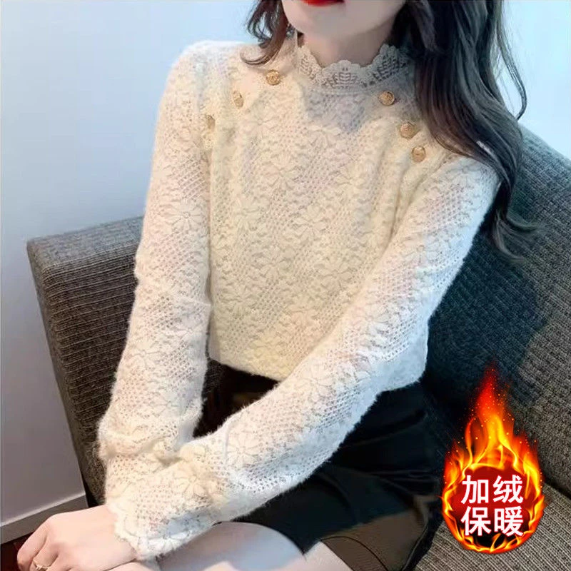季念小众秋冬季打底衫女新款保暖百搭蕾丝衫加绒洋气时尚内搭上衣