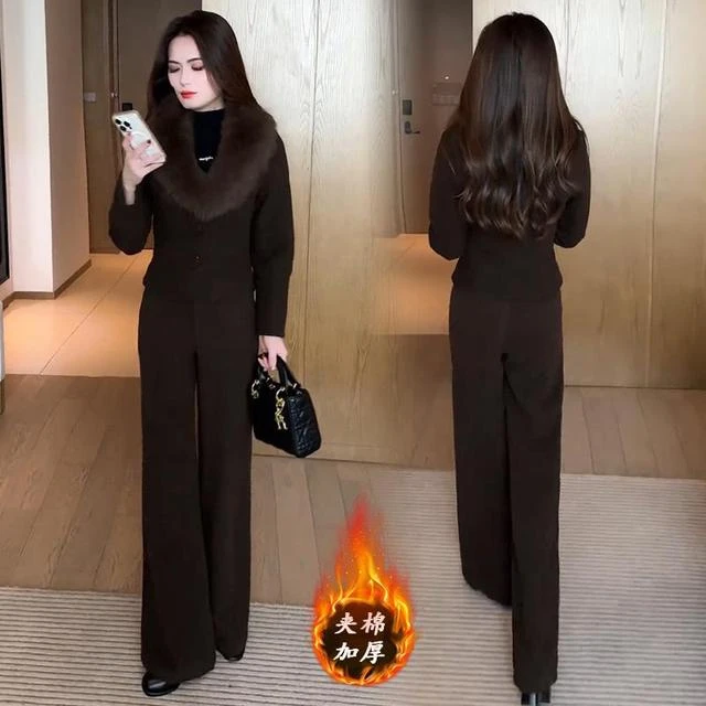时尚套装女2024冬季新款气质大毛领夹棉短款毛呢外套阔腿裤两件套