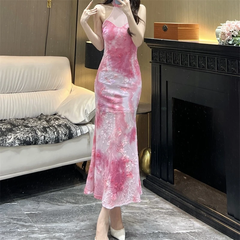 气质女人味轻奢立领无袖烧花扎染桃粉夕云显瘦性感包身鱼尾连衣裙
