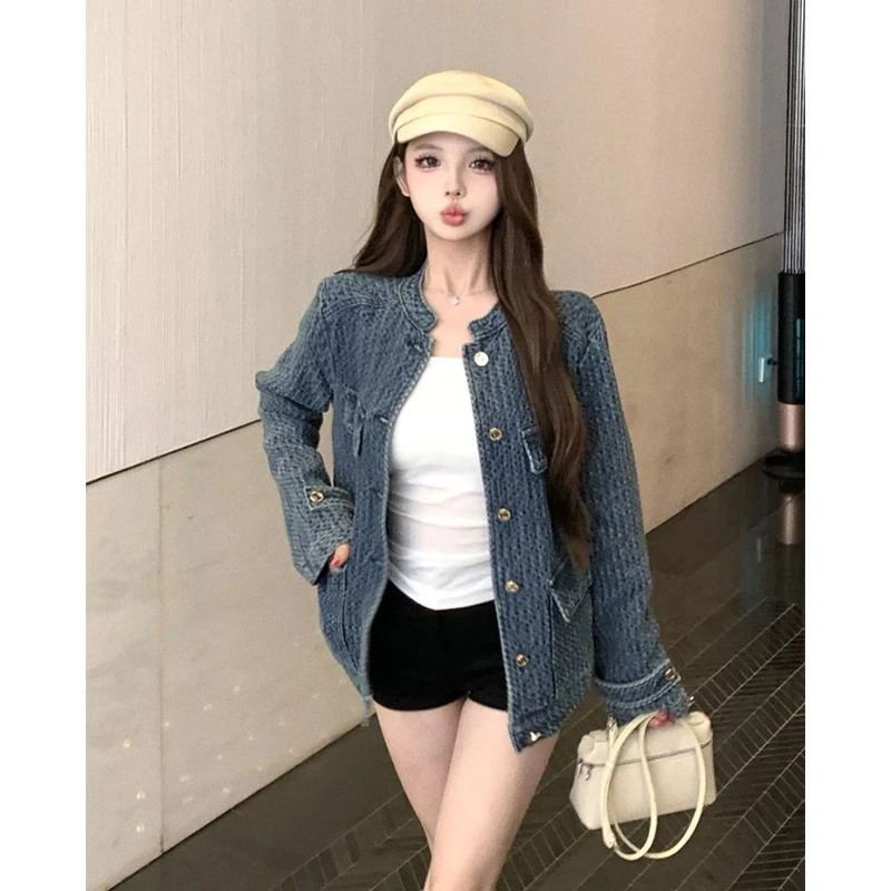 老钱调小众肌理感牛仔外套女春秋新款气质花呢蓝色小香风短款夹克