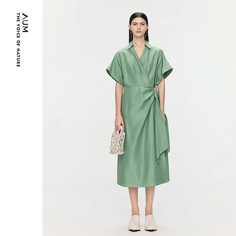 【商场同款】AUM噢姆秋新款钻石领收腰系带连衣裙气质长裙M1FZ32426