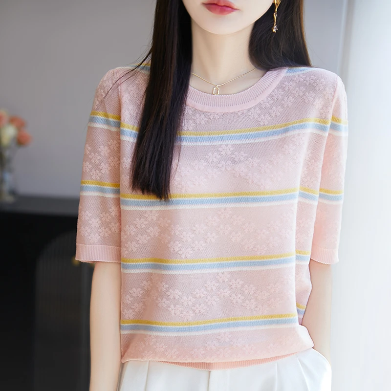 哥弟阿玛施正品夏季薄款圆领提花T恤高品质宽松休闲短袖针织上衣