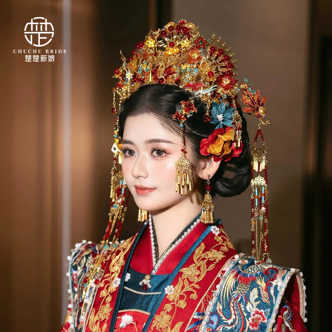 新娘秀禾头饰中式奢华半冠古典汉服龙凤褂红色花朵长流苏配饰