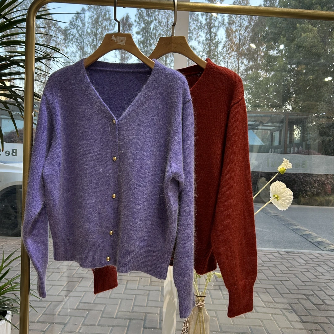 8339皇家紫圆领纯色宽松长袖针织开衫保暖毛衣外套秋冬