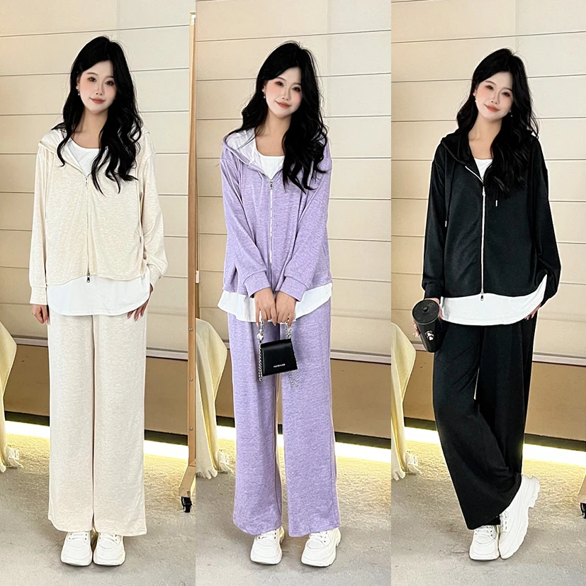 炒几显瘦~慵懒风春秋新款连帽假两件拼色卫衣休闲两件套W0550T