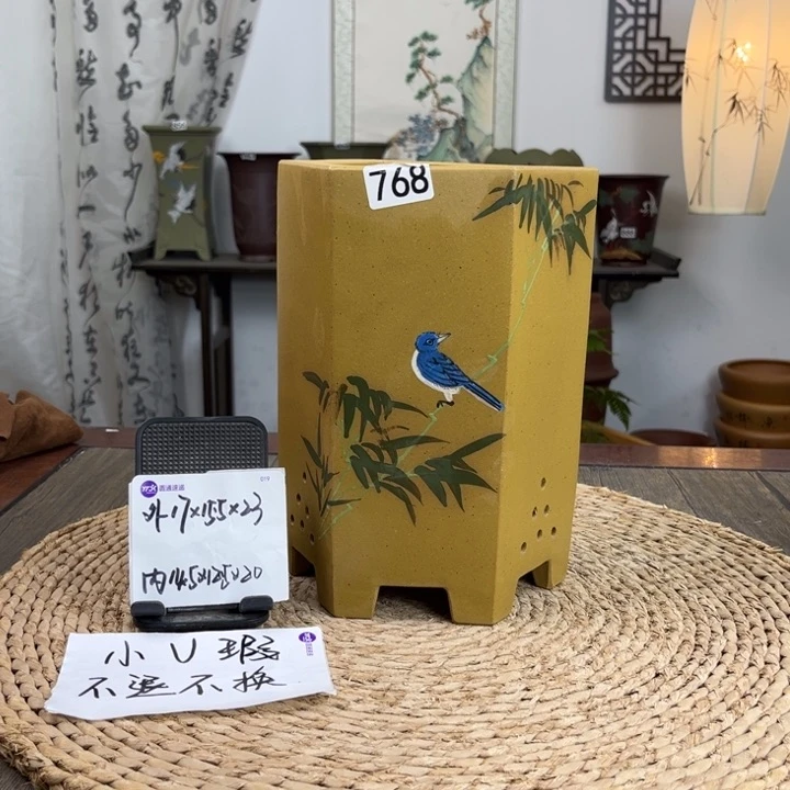 紫砂花盆微瑕孤品青段泥彩绘六方768