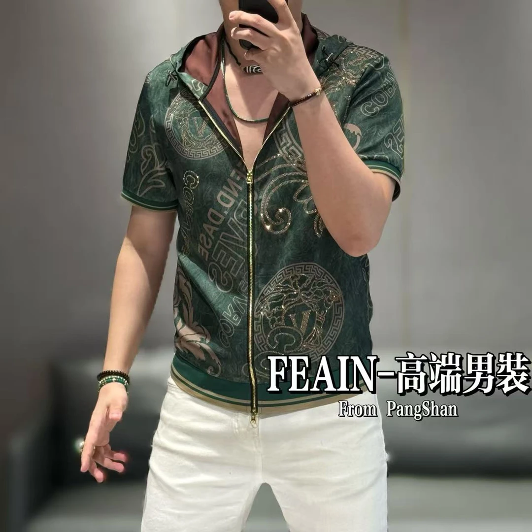 高端定制男士丝柔贡缎满身奥钻点缀连帽半拉链开衫627