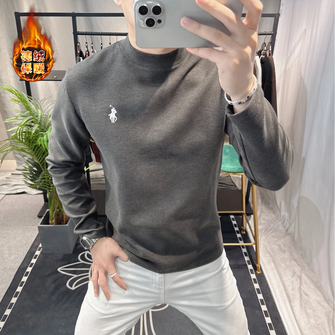 欧洲站男士时尚个性高领长袖保暖双面德绒打底衫上衣2025冬季新款
