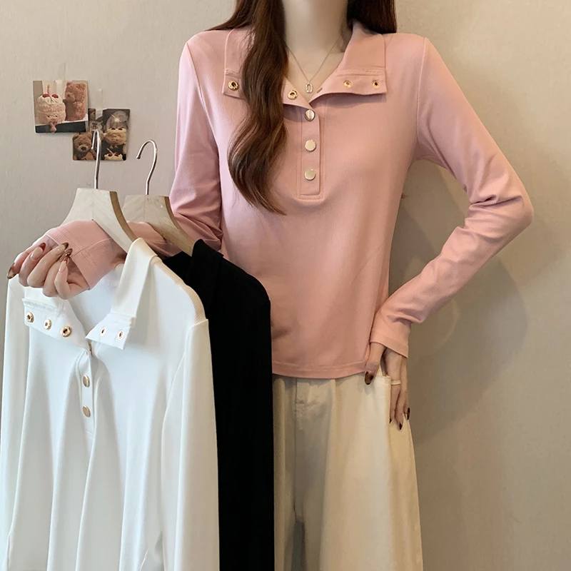 韩版设计感长袖t恤打底衫女春秋2025大码胖mm修身短款Polo领上衣