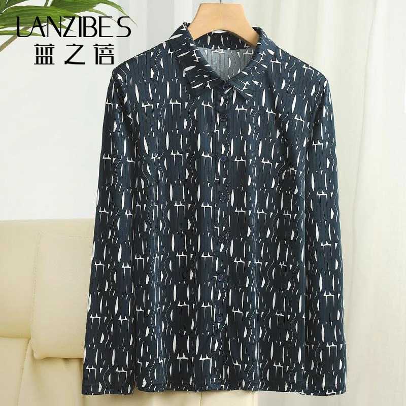 LANZIBES/蓝之蓓上新桑蚕丝印花休闲时尚针织女士衬衫长袖C3294