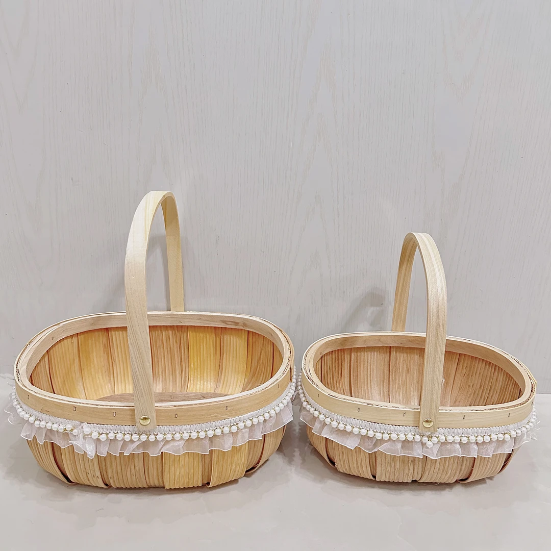 木片月子鸡蛋花篮带珍珠花边手工制作果礼篮子户外野餐手提收纳
