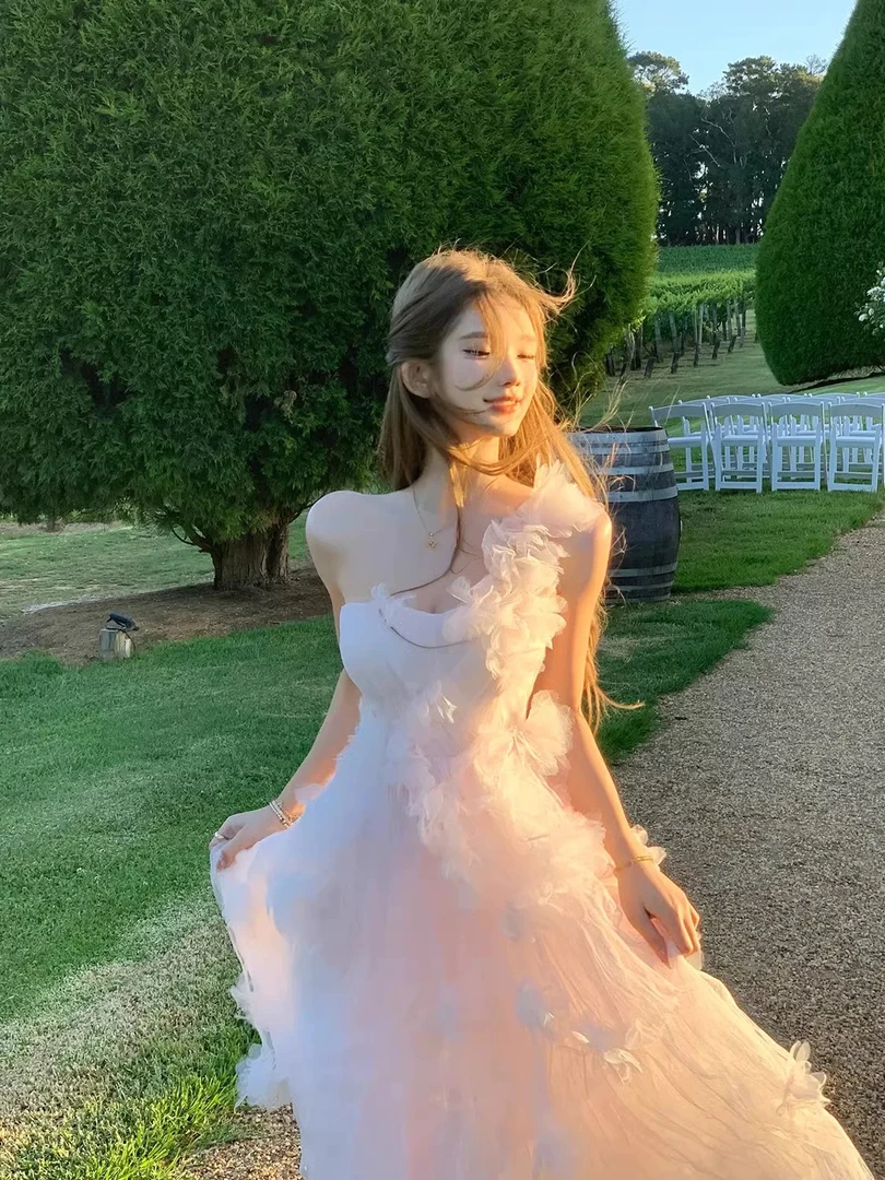 爱神仙子 花朵连衣裙女设计感吊带裙春夏收腰波浪密边裙子