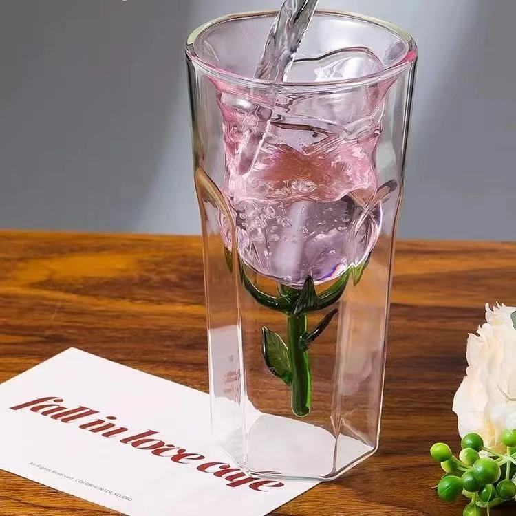 粉色立体玫瑰花香槟杯果汁杯牛奶杯水杯200ml单只