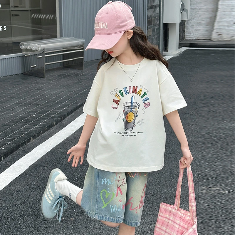 女童夏装短袖套装2025新款洋气中大童中裤夏季休闲牛仔短裤两件套
