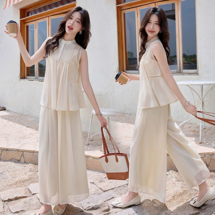 时尚小香风无袖裙裤套装女2025新款夏季时尚洋气飘逸仿真丝三件套