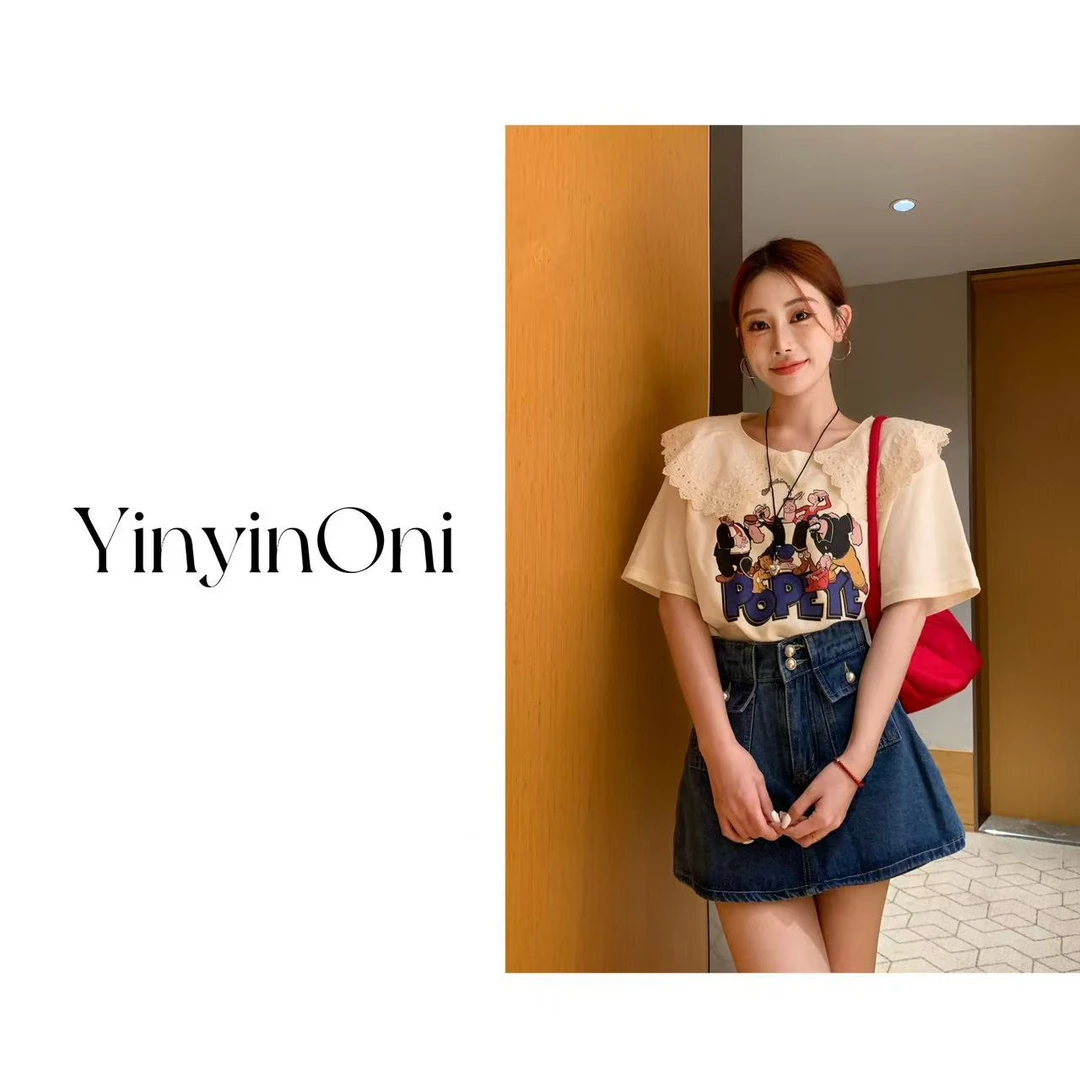 茵茵欧尼（大力水手）拼接蕾丝领卡通短袖T恤 韩版夏季时尚气质上衣