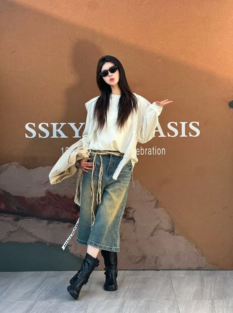 IN OASIS 新款牛仔马裤做旧脏色晕染牛仔七分裤