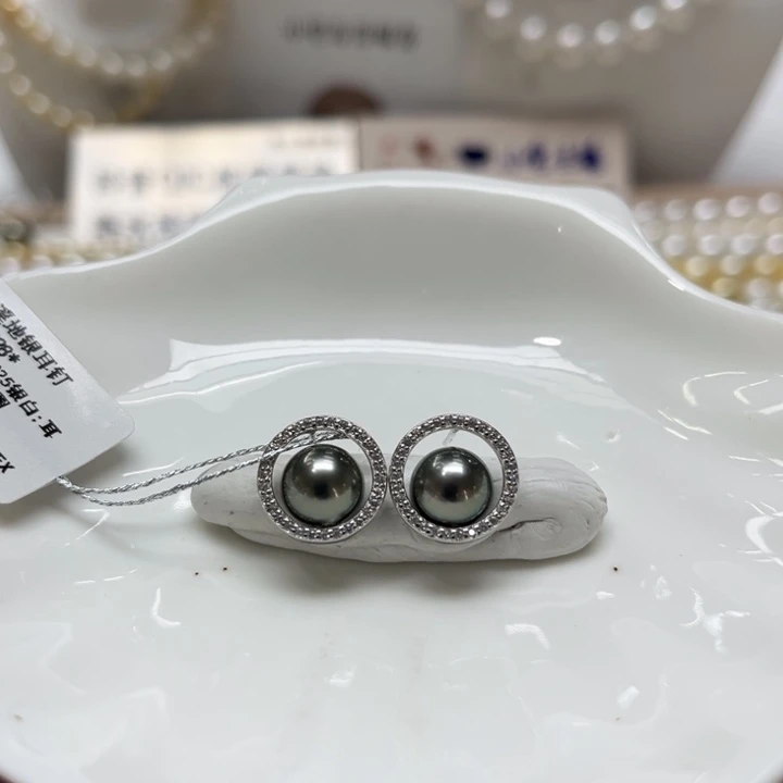 海水珍珠漏大溪地圆圈耳钉8-9mm银S925镶嵌