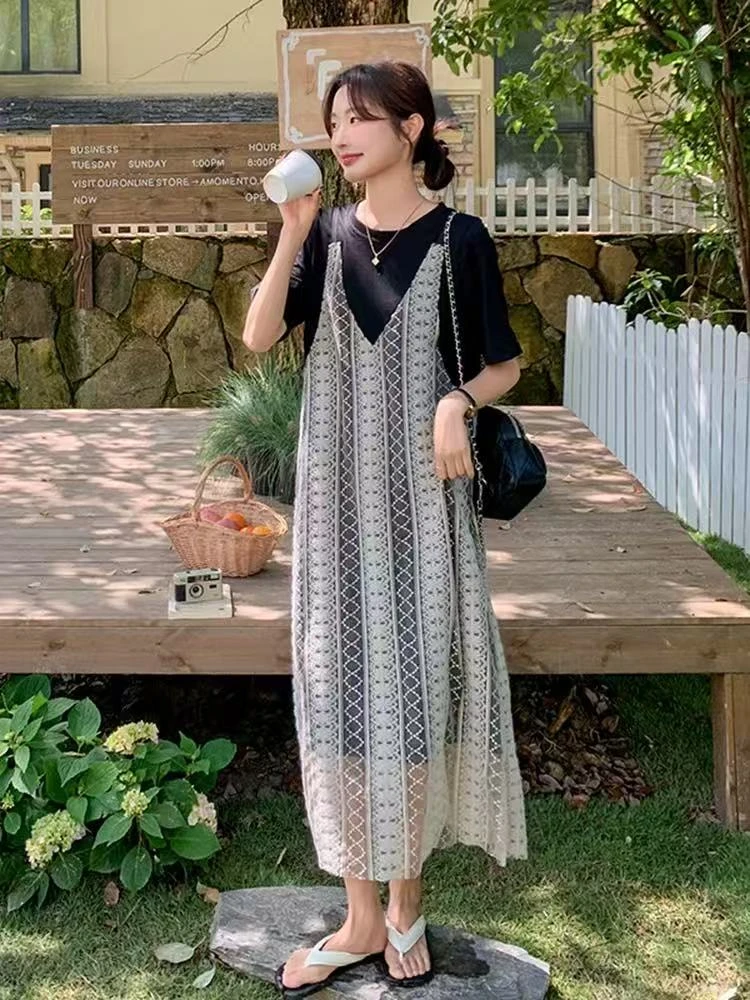 【蕾丝叠影】设计感小众假两件镂空罩衫连衣裙女夏季气质显瘦长裙