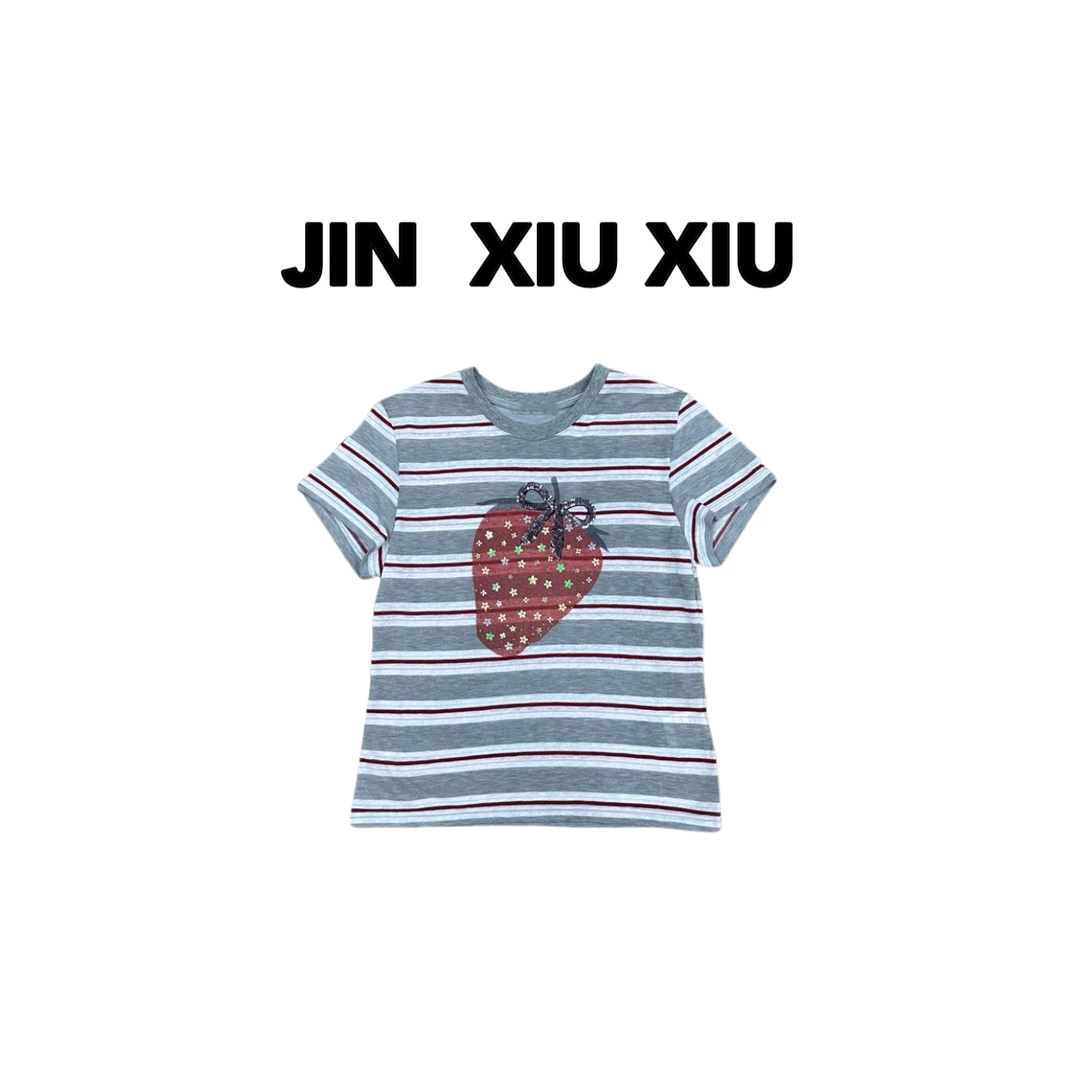 JINXIUXIU夏季新款亮片草莓条纹韩系甜美短袖T恤311