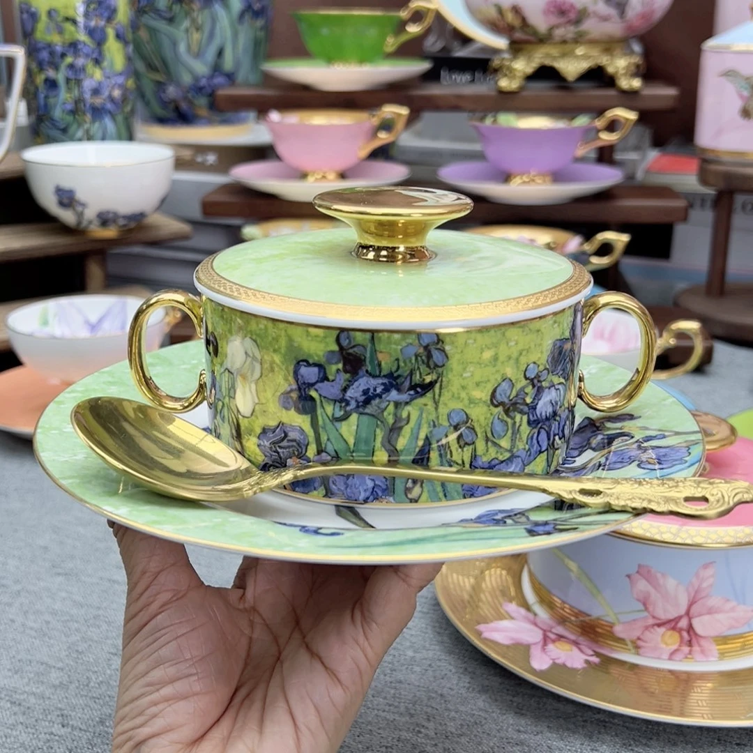 自然写生鸢尾花双耳炖盅配盘配勺子礼盒