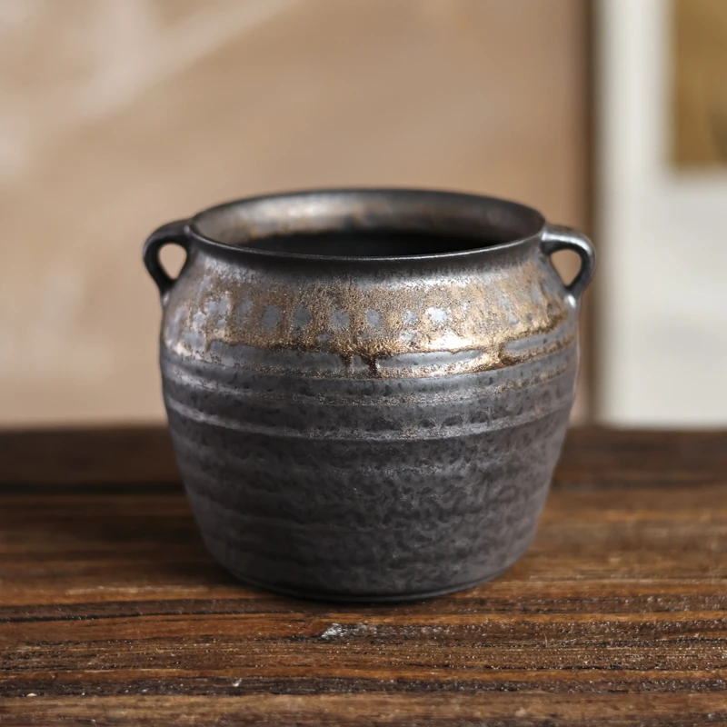 鎏金-灰念-古朴建水-口径9CM高9CM容量400CC（Q2839）