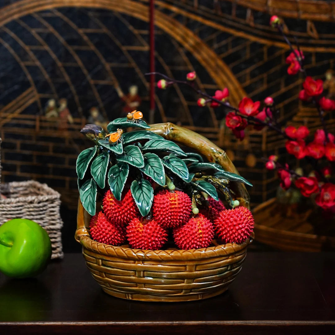 【本尼家】AM81非遗手工石湾陶瓷小号荔枝篮客厅桌面玄关装饰摆件