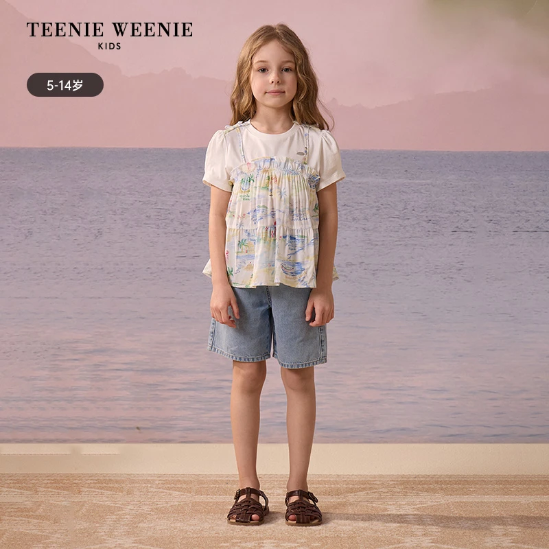 TeenieWeenie Kids小熊童装25年夏拼接假两件裙式T恤TKRA252461A