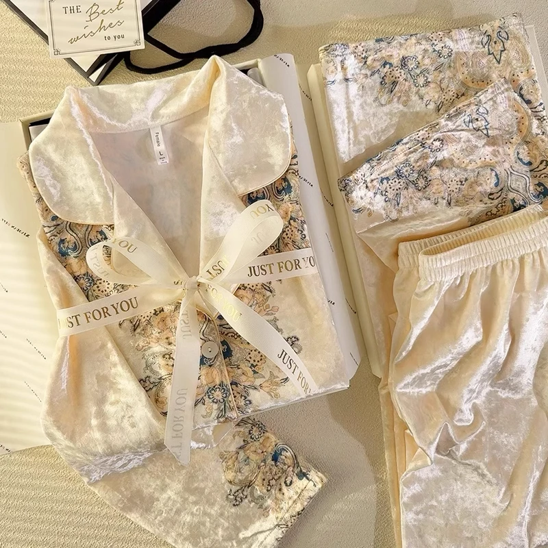 2024年新款金丝绒睡衣女秋冬季高级感时尚钻石绒可外穿家居服套装