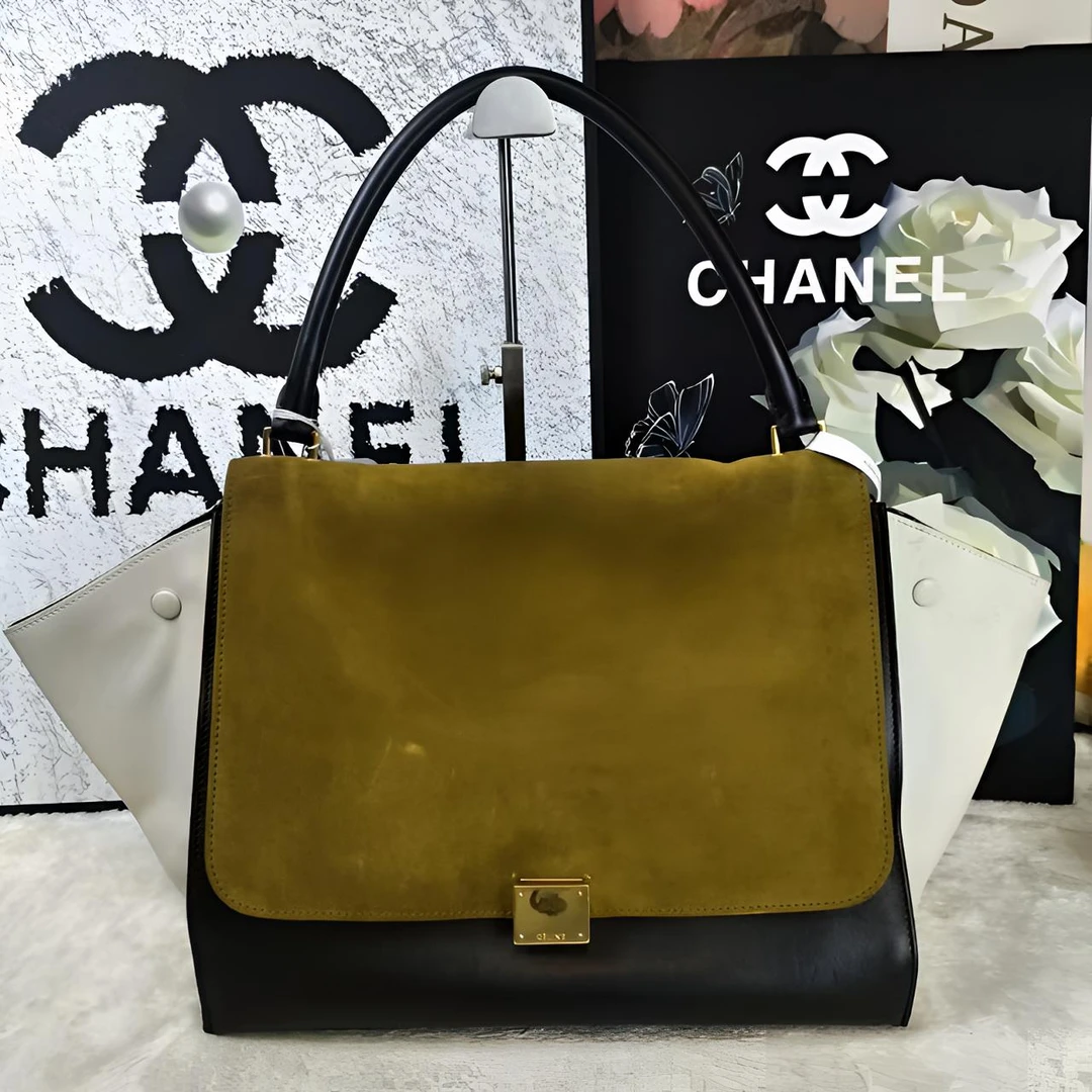 95新 Celine/思琳 瑟琳卡其色拼色手提G25100042尺寸34x26