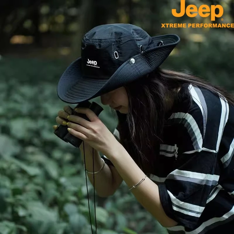 JEEP夏季渔夫帽大檐防晒帽子女户外透气露营遮阳男士登山钓鱼帽男