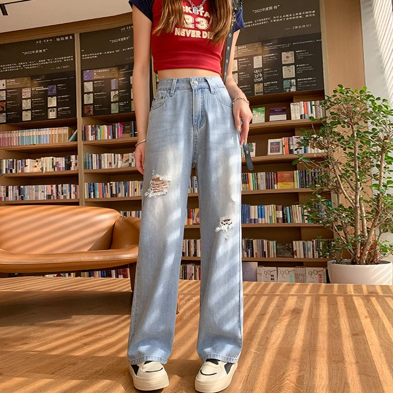蓝色阔腿牛仔裤女高腰宽松梨型身材显瘦穿搭破洞直筒裤