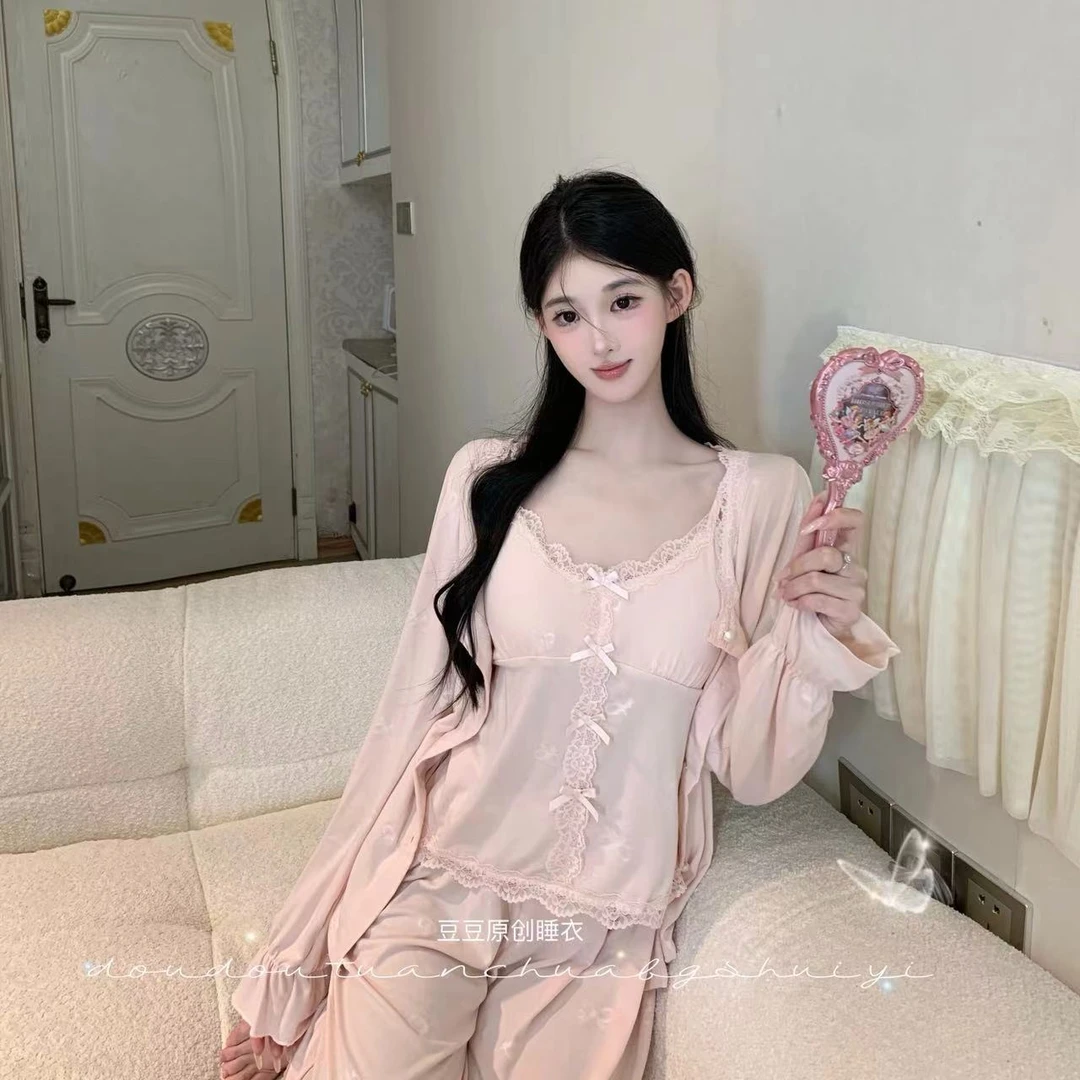 PP【粉雾花语】纯欲长袖三件套显白显瘦显瘦春秋家居服睡衣女